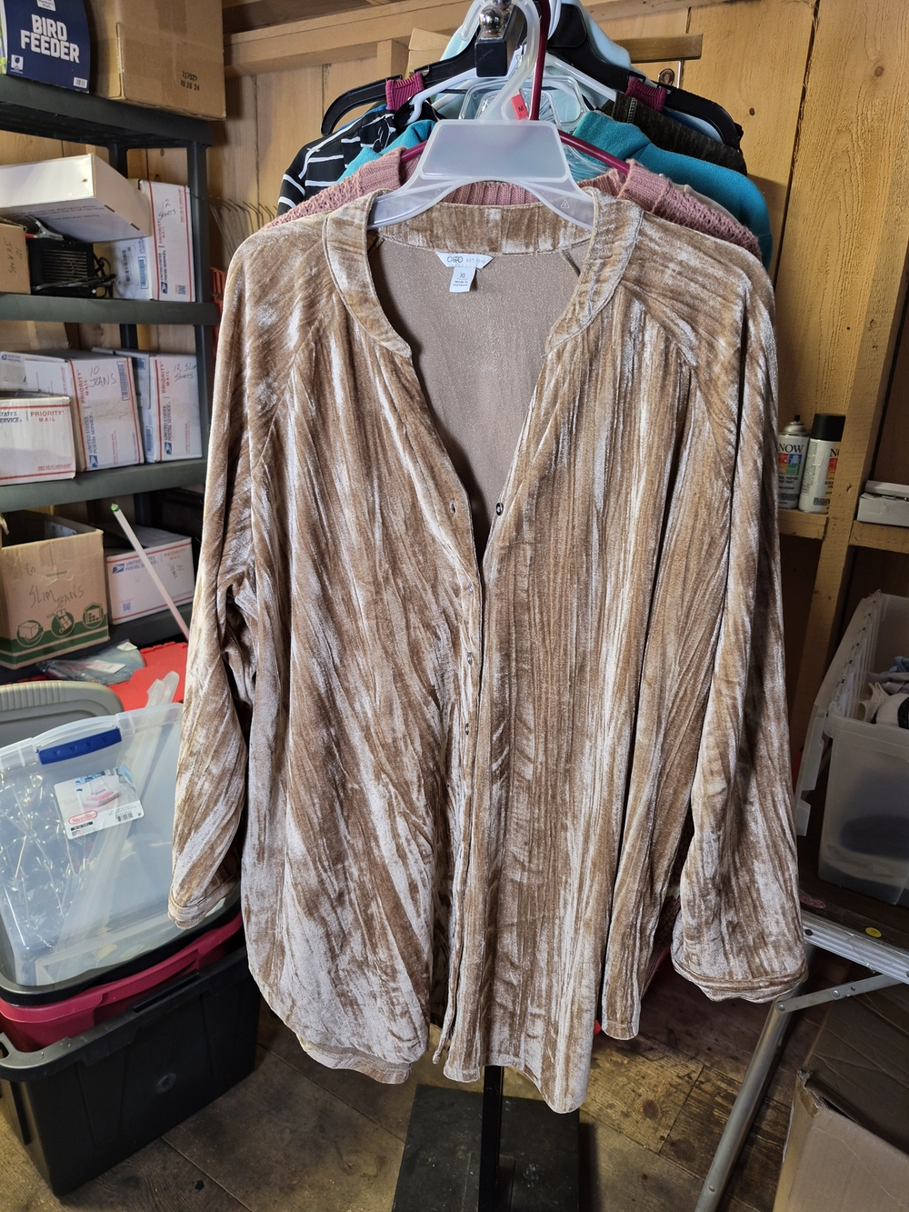 Cato Crushed Velvet Button-Front Top in Taupe and Cream